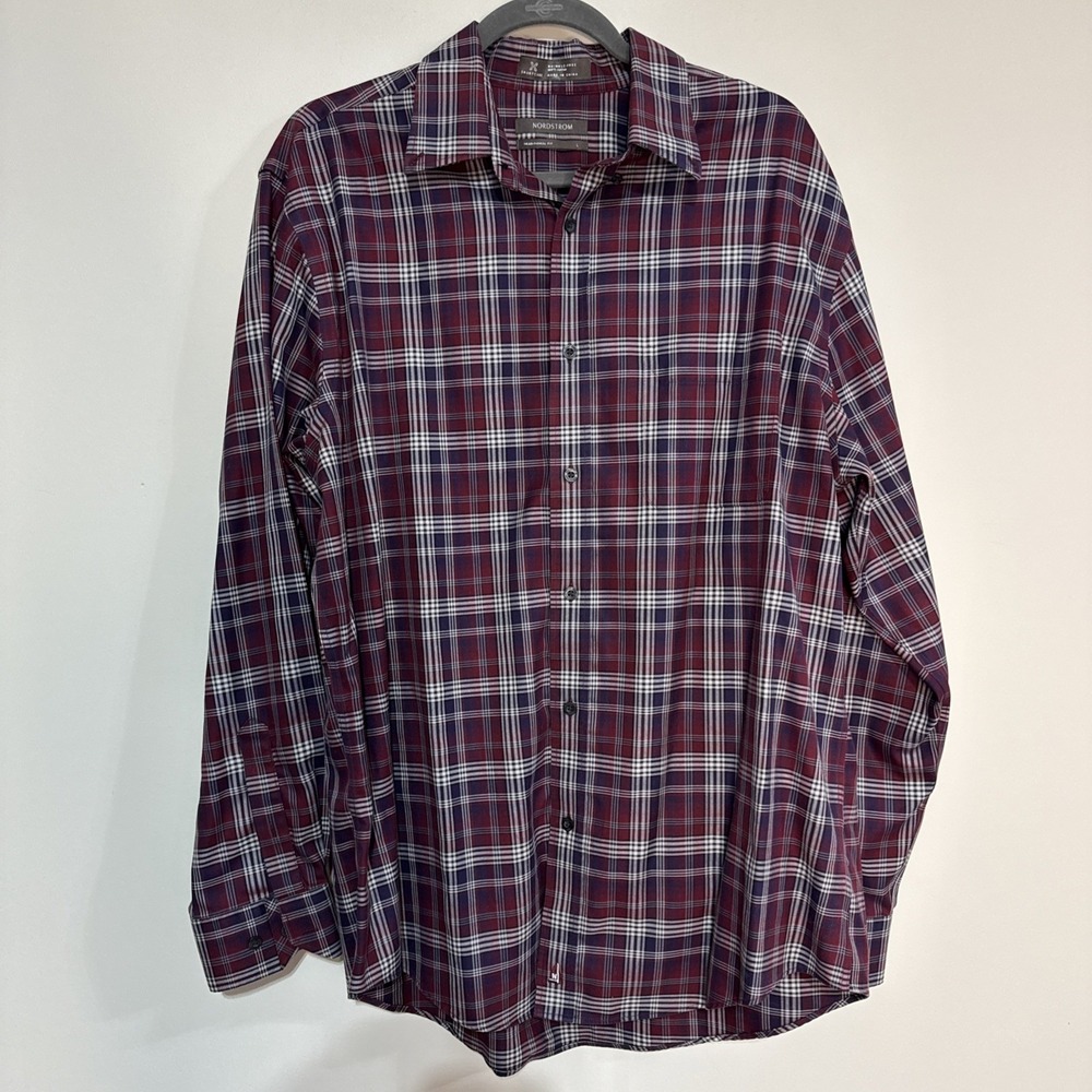 Nordstrom Shirt Mens Sz Large Maroon Plaid Non Iron Regular Fit Dress Button Up